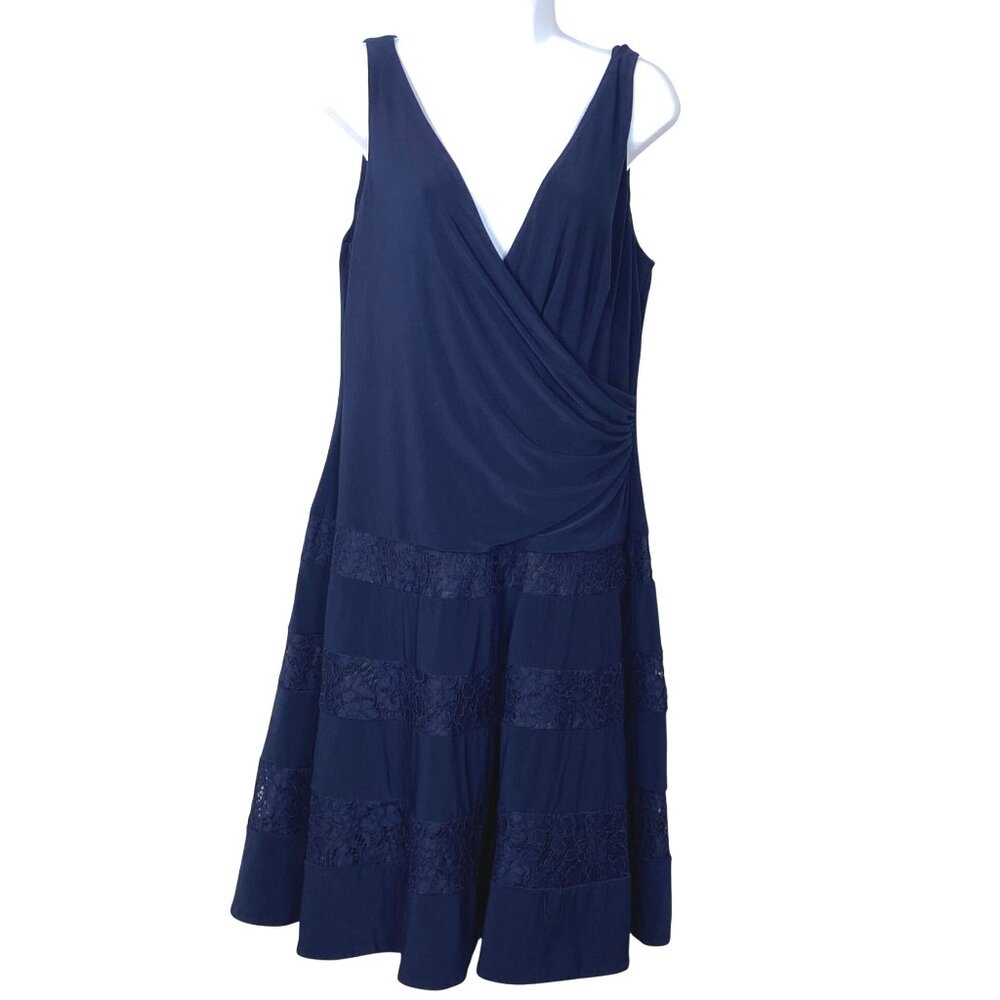 Lauren Ralph Lauren Navy Blue Ruched Lace Inset Sleeveless Fit & Flare Dress 16 - Picture 12 of 12